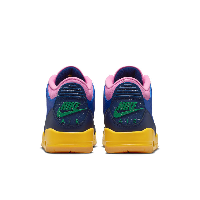 Men's retro high-top sneakers with Nike heel branding, blue uppers, pink collars, yellow soles.