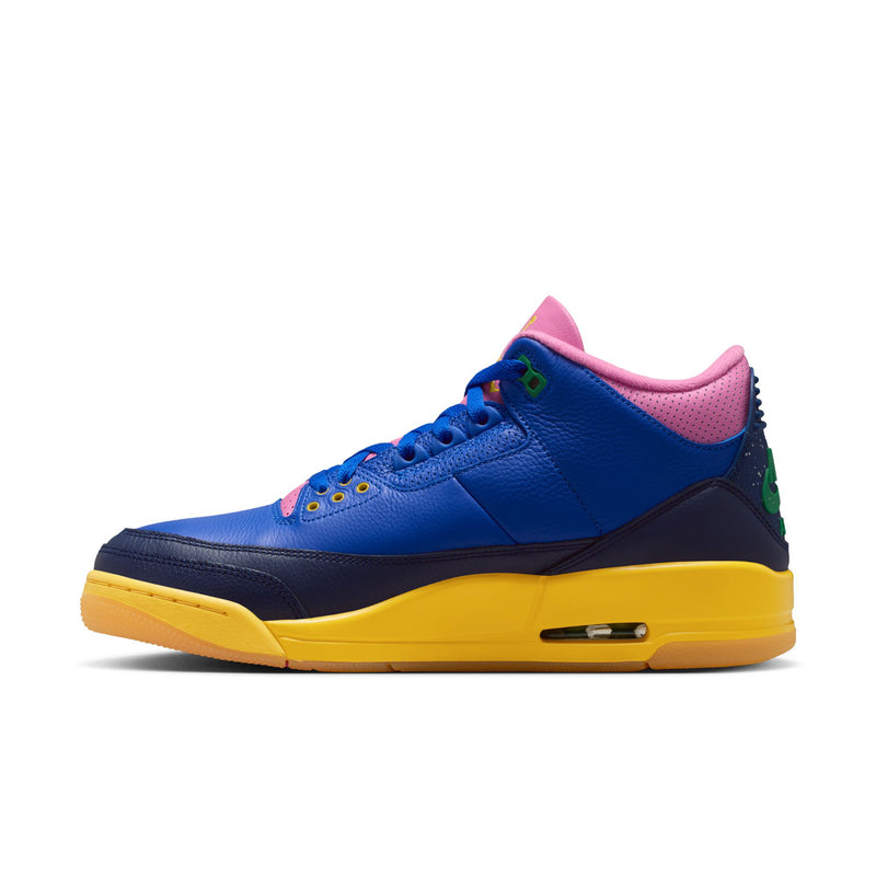 Men's retro high-top sneakers side view: blue leather, pink collar, yellow outsole, lace-up.