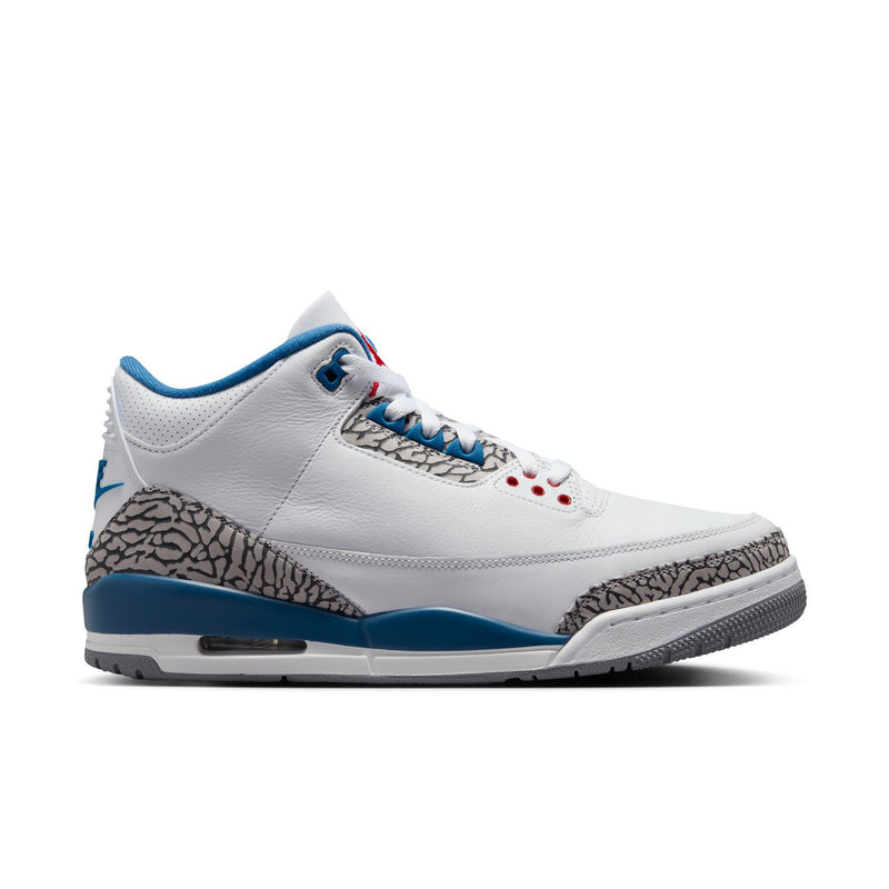 Men's white leather sneakers with blue trim, black elephant print, and Air cushioning