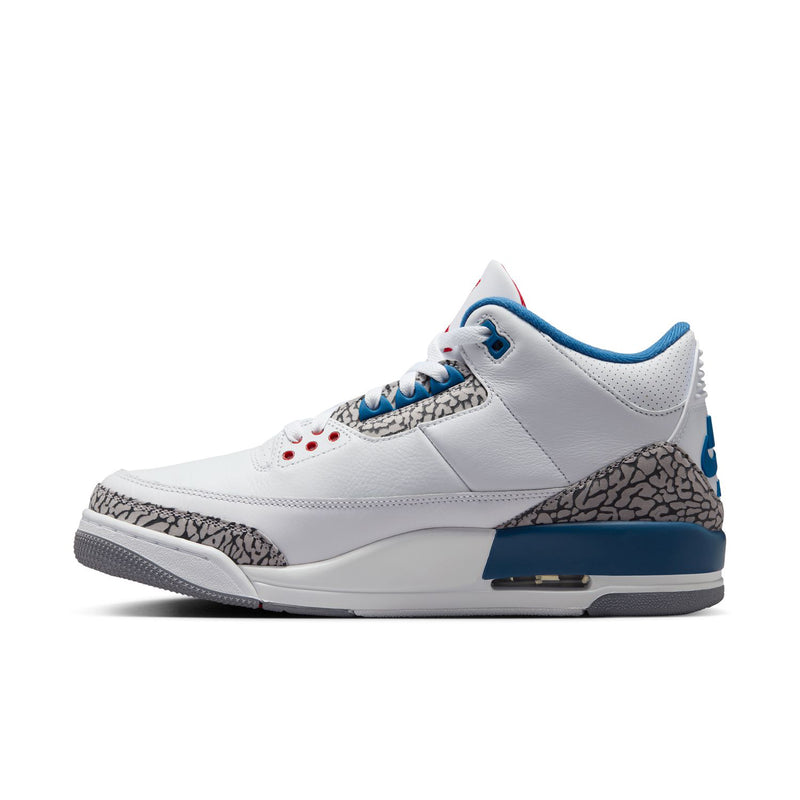 Men's white high-top sneakers with blue collar, black elephant print panel, and Air sole