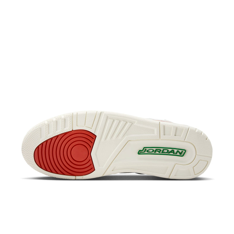 Outsole of white retro sneakers with red tread and green Jordan logo
