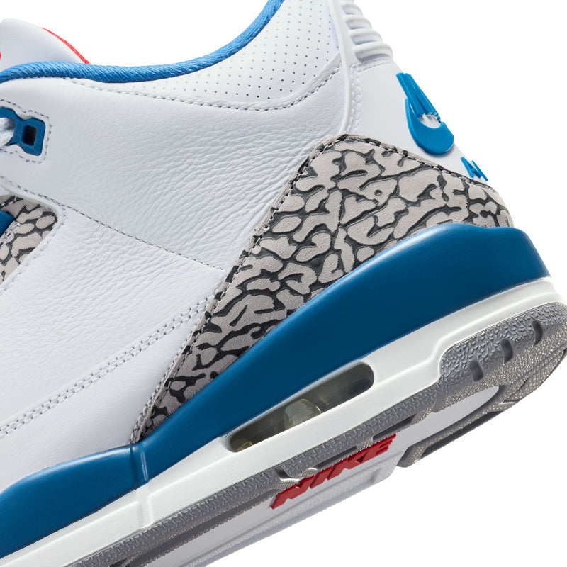 Men's sneaker side close-up with elephant print, blue midsole, and visible Air window