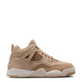 Kids Retro 4 sneakers in tan suede with lace-up front, mesh detailing, and white sole