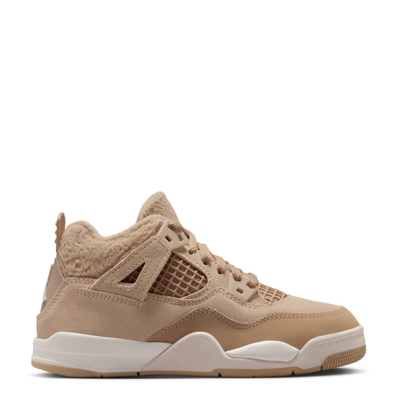Kids Retro 4 sneakers in tan suede with lace-up front, mesh detailing, and white sole