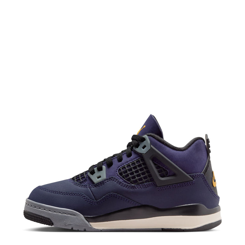 Kids’ side view purple athletic sneaker with black laces, gray sole, and padded collar