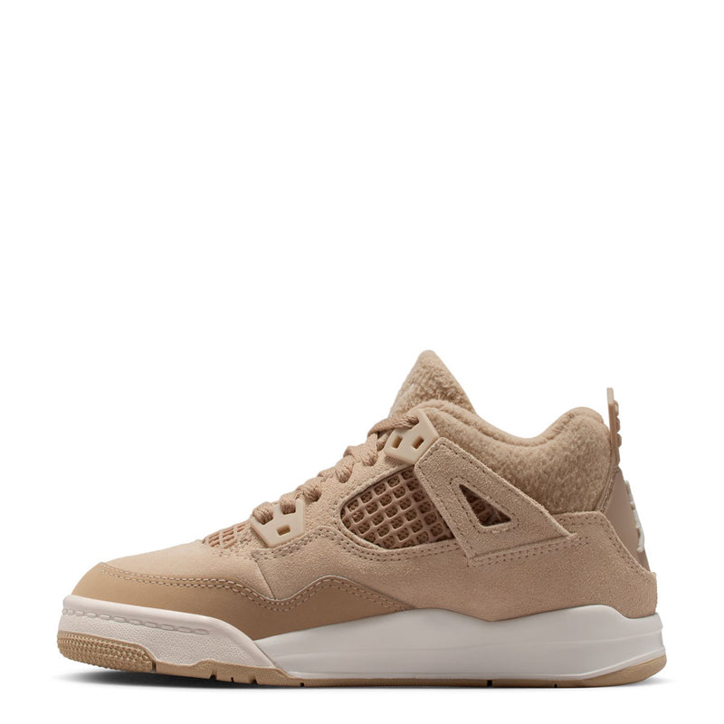 Kids Retro 4 sneakers, tan suede low top with lace-up, mesh quarter, and white midsole