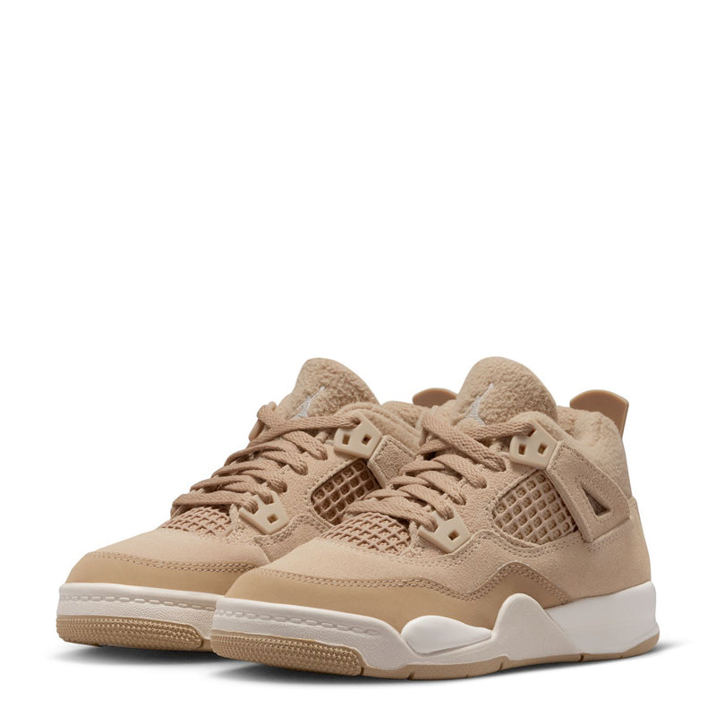 Kids Retro 4 sneakers pair, tan suede lace-up with mesh panels and white rubber sole