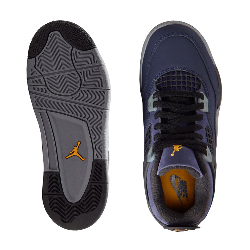 Kids’ sneaker outsole and inside view, purple upper with black laces and gray sole