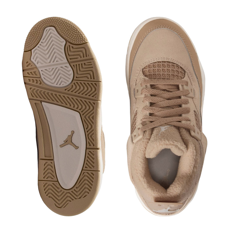Kids Retro 4 sneakers outsole and inside view, tan upper with Air Jordan logo