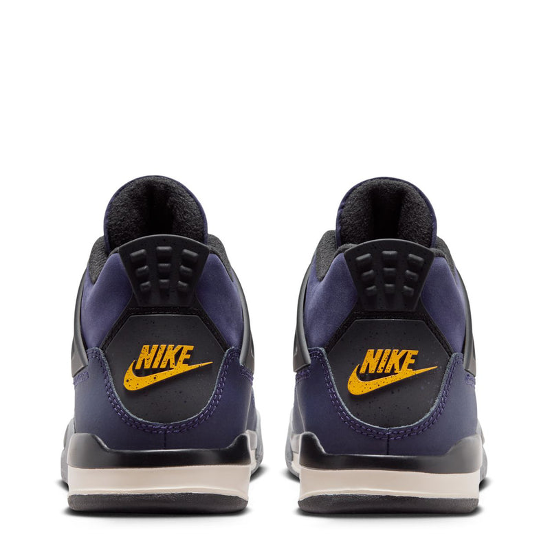 Kids’ rear view sneakers with NIKE heel logo, purple uppers, and gray soles