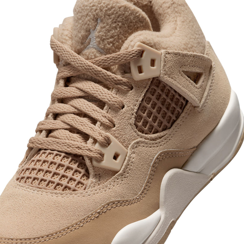 Kids Retro 4 sneakers, tan suede upper with laces, mesh panel, and padded tongue