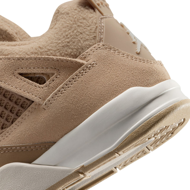 Kids Retro 4 sneakers with tan suede overlays and white midsole with textured tread
