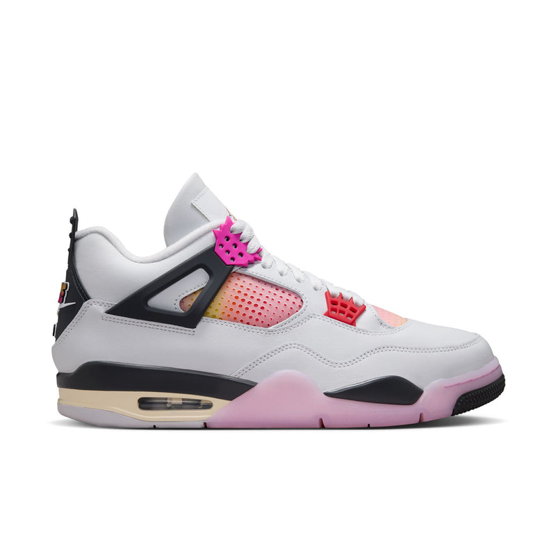 Men's sneakers in white with pink and red accents, black heel panel, Air sole detail