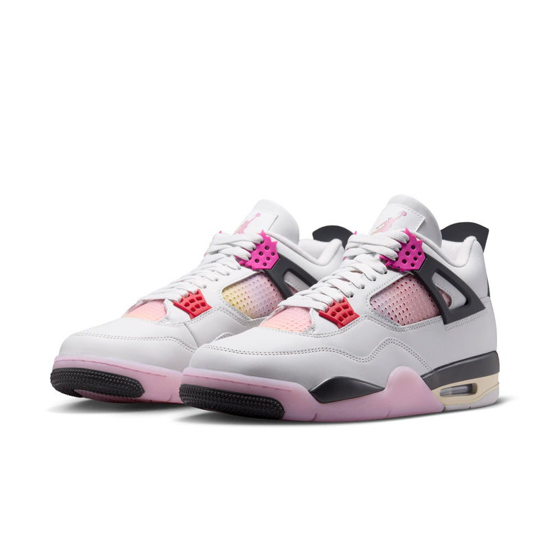Men's sneakers, side view: white leather with pink and red panels, black overlays, Air sole
