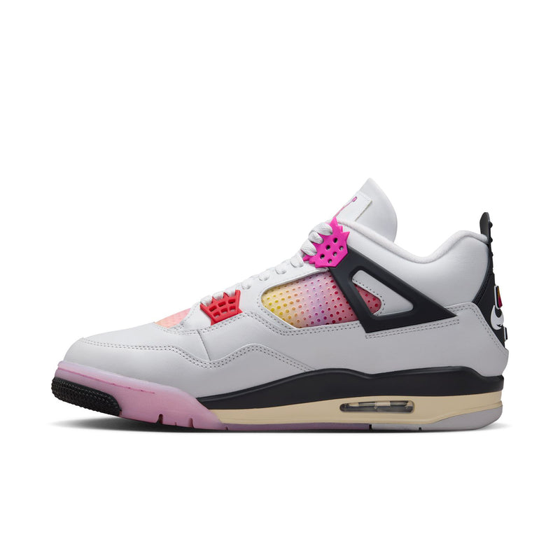 Men's sneakers, side profile: white upper with pink and red detailing, black midfoot overlay