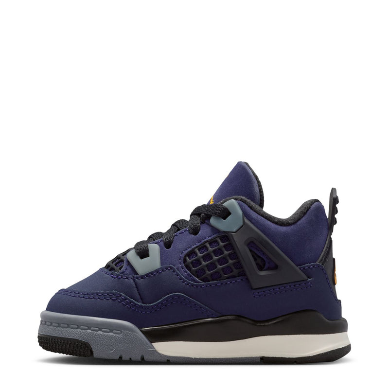 Toddler dark purple sneaker with black laces, teal overlays, gray midsole, low-profile outsole
