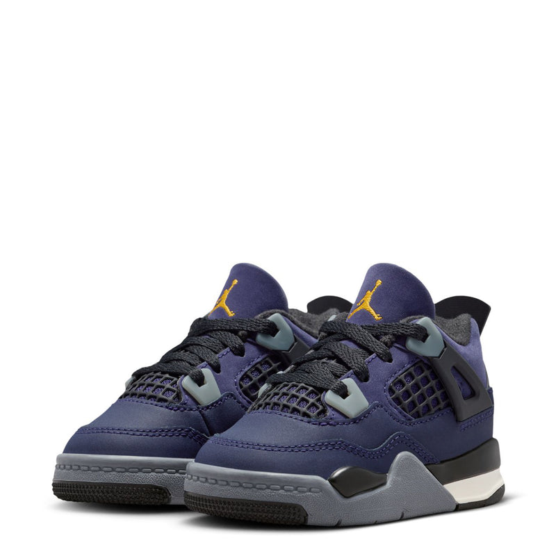 Pair of toddler dark purple sneakers with black laces, teal accents, gray soles, yellow pull tabs