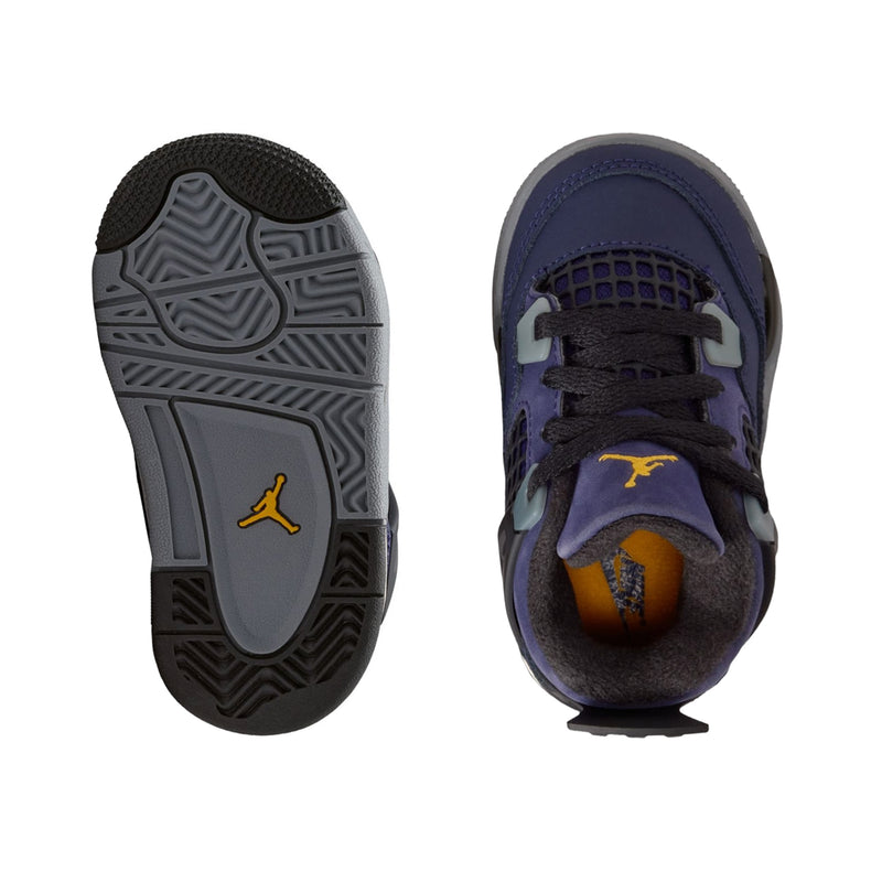 Toddler sneaker outsole and inside view: dark purple upper with black tread and gray sole