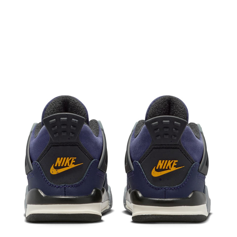 Toddler dark purple sneaker heel view with NIKE branding, gray sole, black heel tab