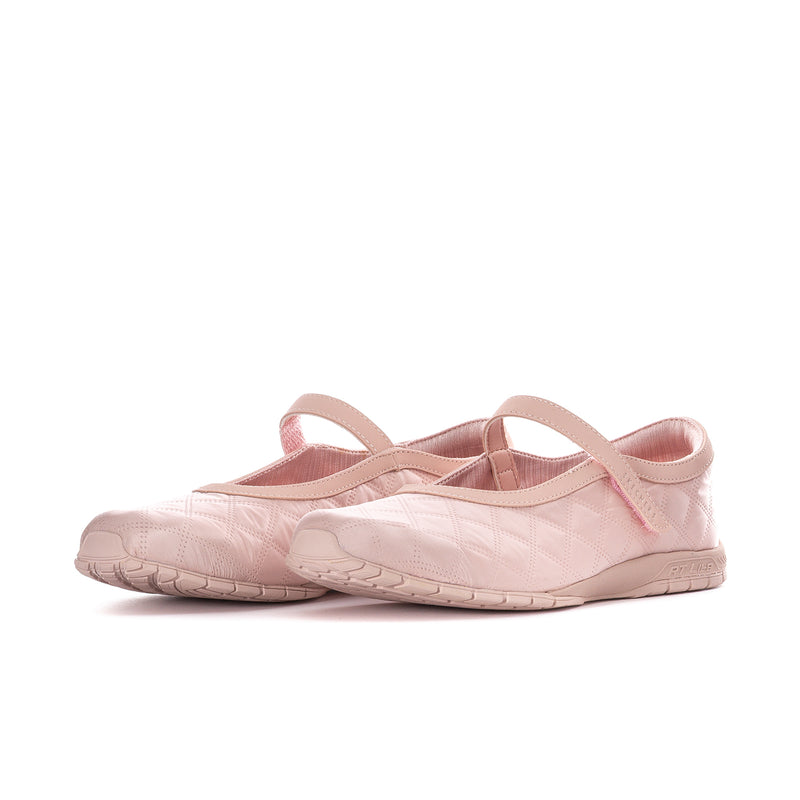Women’s blush Mary Jane flats, side view, quilted upper and chunky sole