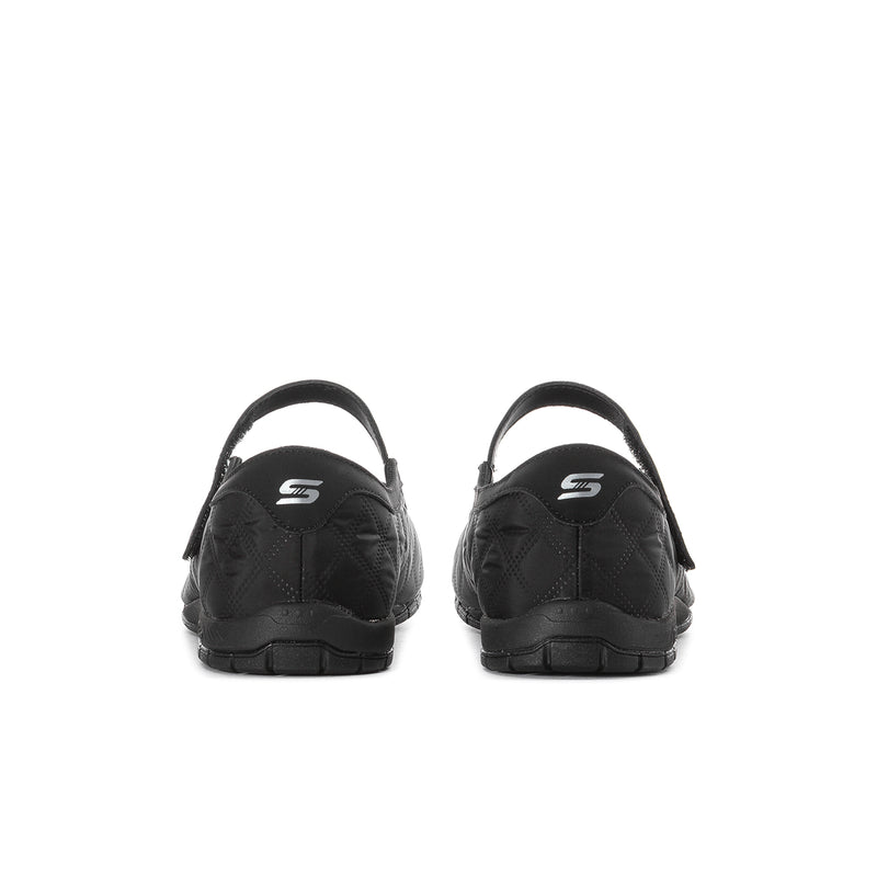 Black mary jane flats, rear view with heel loop and smooth heel counter