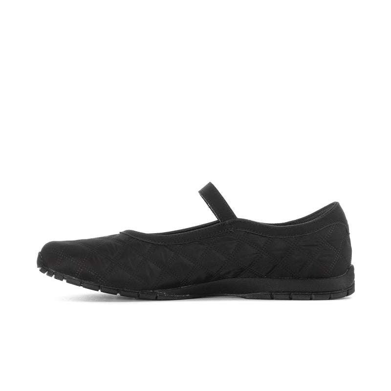 Black mary jane flats, front side view with strap and rubber sole