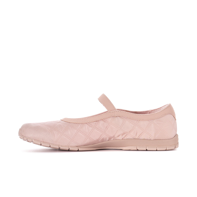 Women’s blush Mary Jane flats, front profile with quilted upper and strap