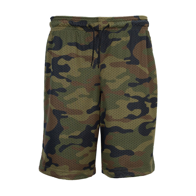Youth reversible basketball shorts in olive camo print, elastic waist and drawstring