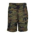 Youth reversible basketball shorts in olive camo print, elastic waist and drawstring