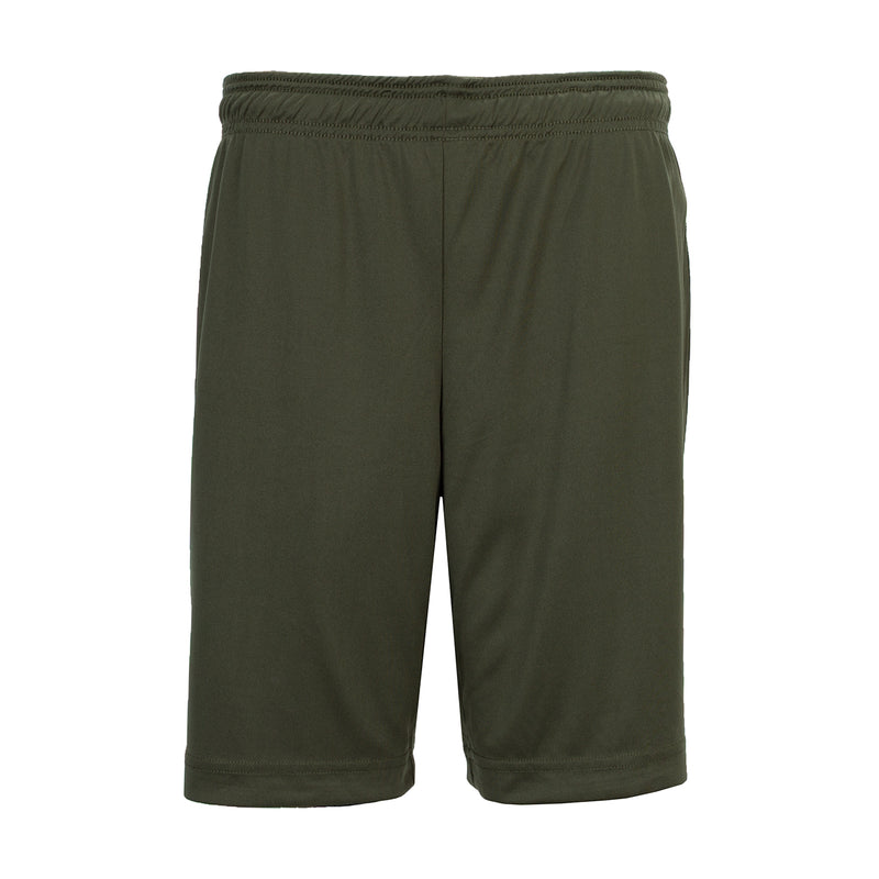 Youth reversible basketball shorts, solid olive color with elastic waistband