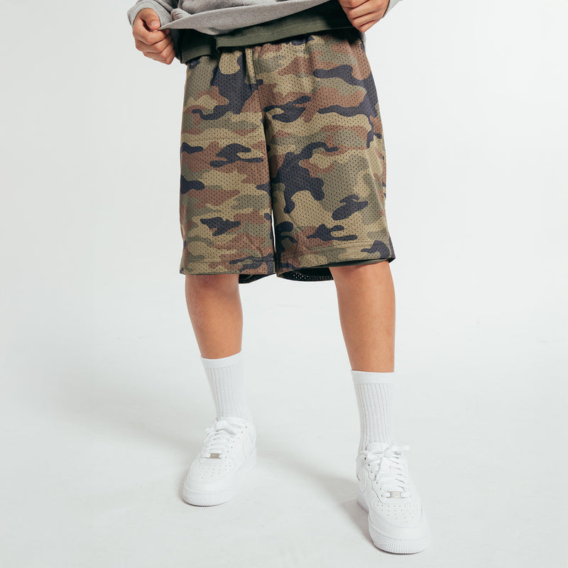 Youth olive camo basketball shorts with elastic waistband and drawstring, above-knee length