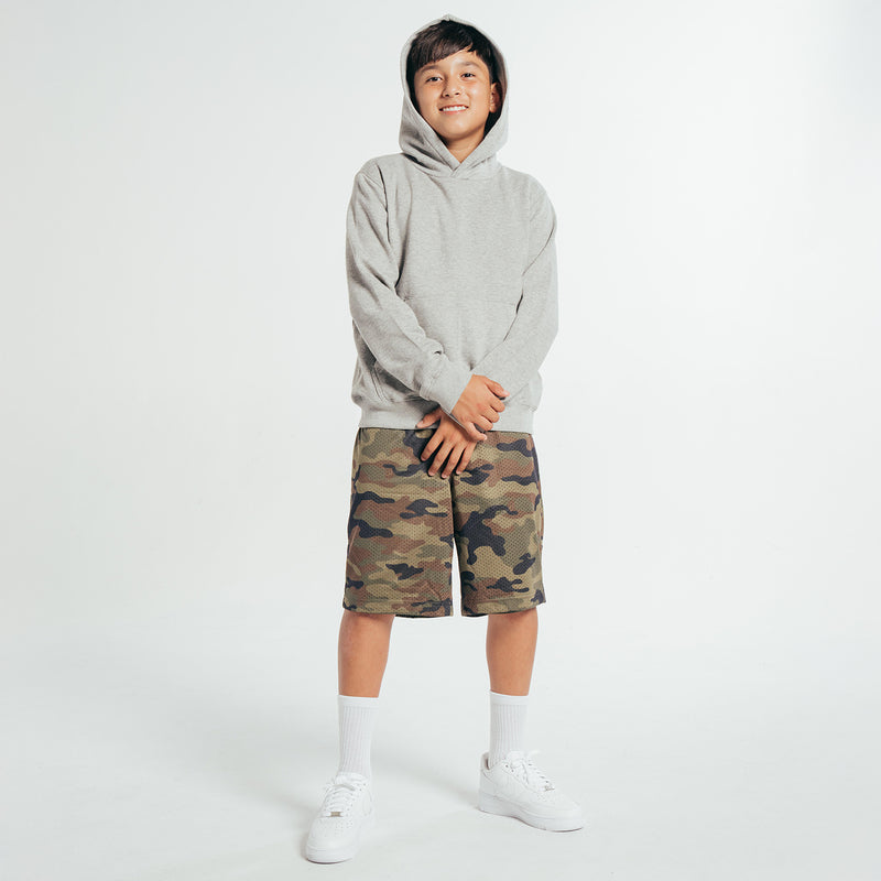 Youth olive camo reversible basketball shorts, elastic waistband with drawstring ties