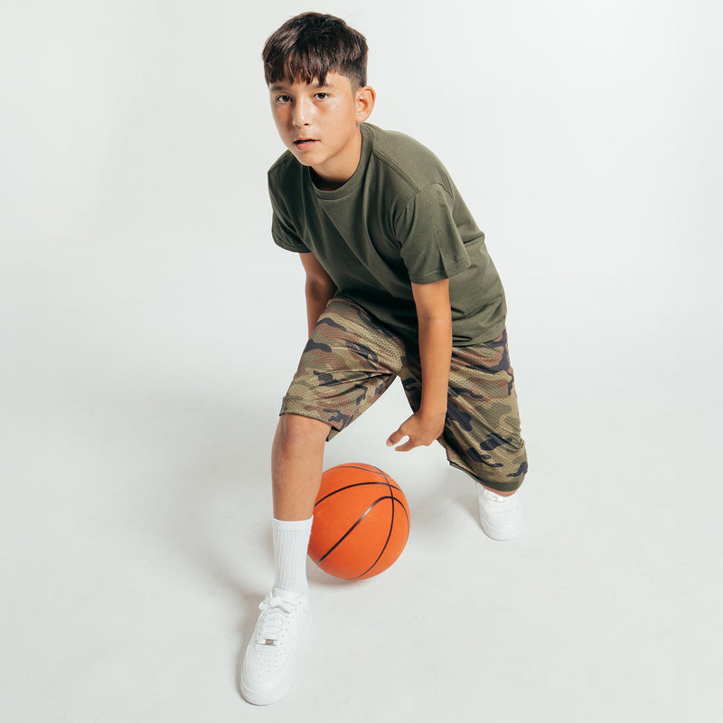 Youth olive camo basketball shorts, elastic waistband and drawstring detail