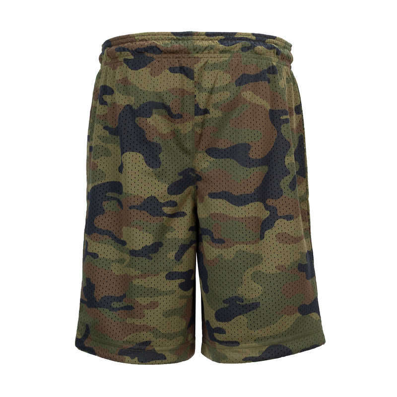 Youth olive camo basketball shorts viewed from the back, elastic waistband