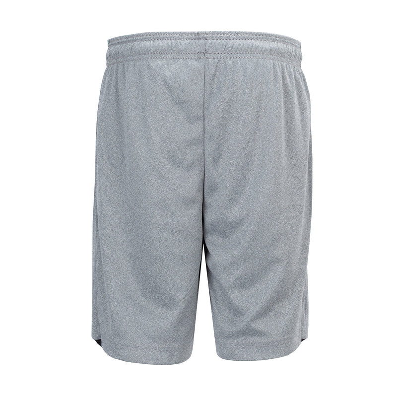 Youth reversible basketball shorts in heather grey, mid-thigh length with elastic waistband