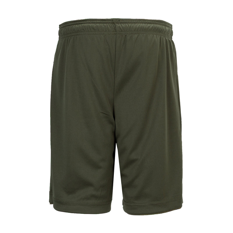 Youth reversible basketball shorts, solid olive back view with elastic waistband