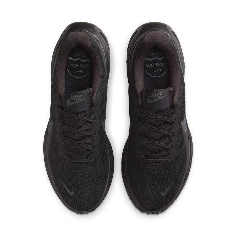 Women’s black running sneakers, top view with lace-up and Nike branding