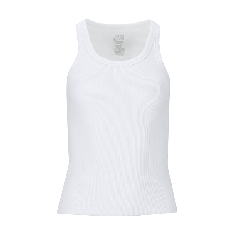 Women's white ribbed tank top, scoop neckline, sleeveless