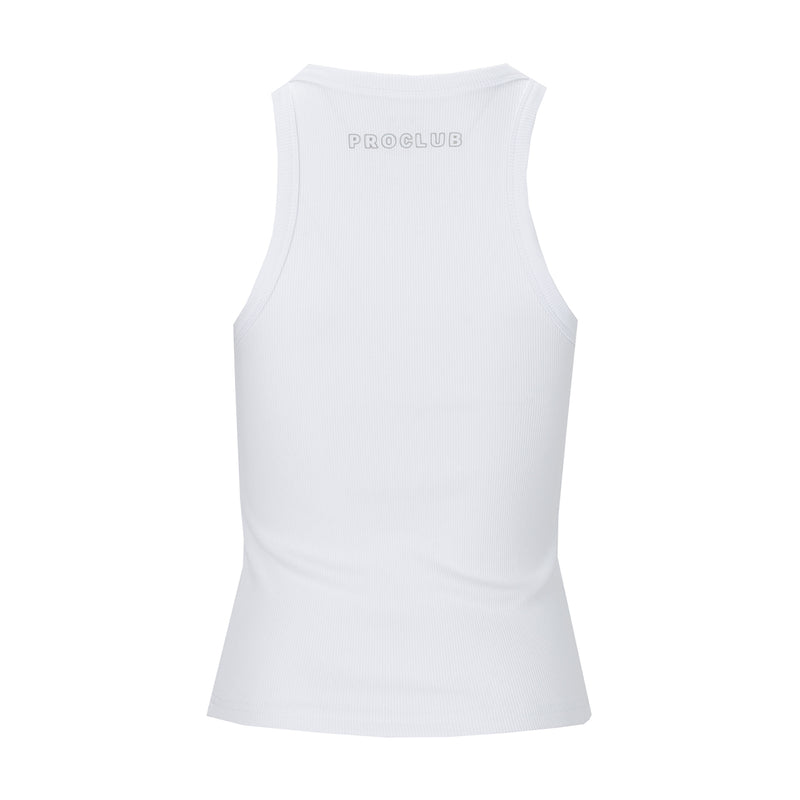 Women's white ribbed tank top, scoop back neckline, sleeveless with logo