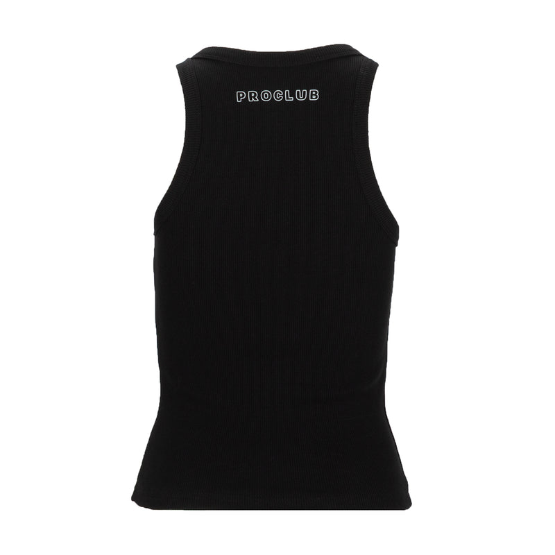 Black ribbed tank top, back view with PROCLUB logo