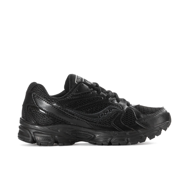 Black women's running shoes, lace-up with textured panels and chunky rubber sole