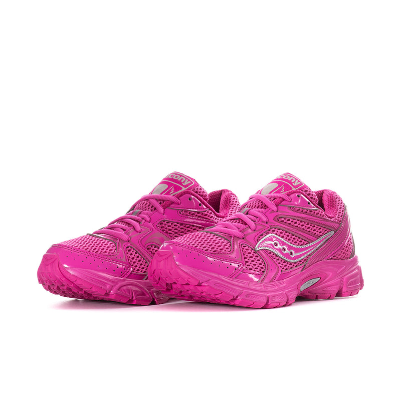 Women’s fuchsia running sneakers with lace-up front and molded overlays