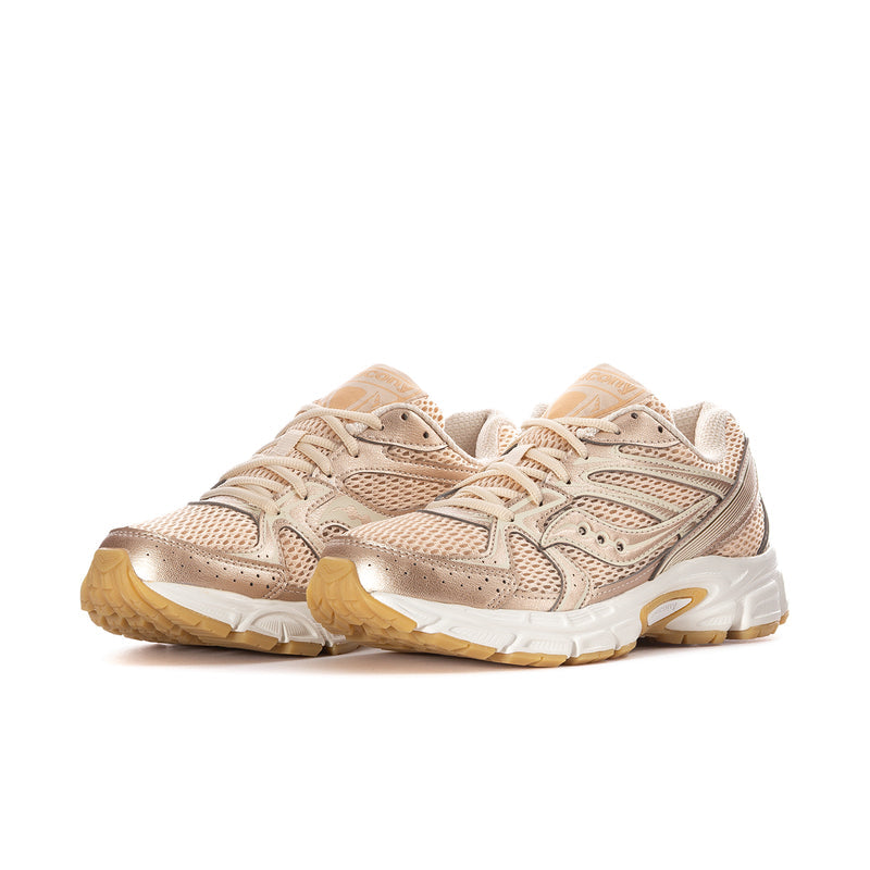 Women’s pearl beige running sneaker, side view with textured panels and chunky outsole