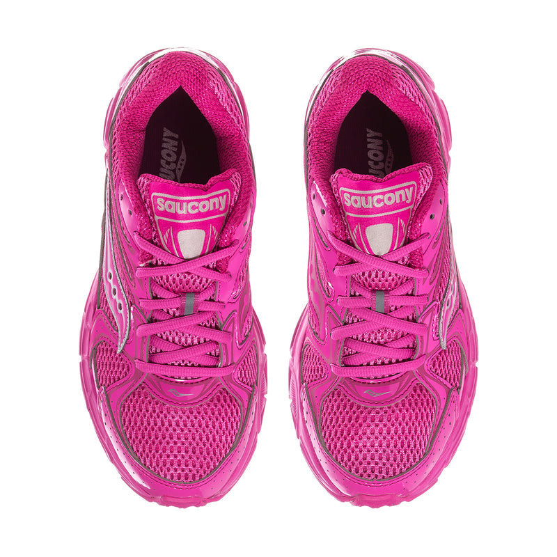 Women’s fuchsia lace-up sneakers with Saucony tongue label and mesh lining