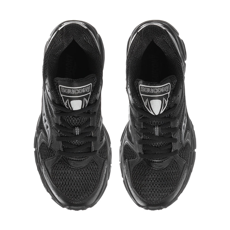 Black women's running shoes, front view pair with mesh upper and Salomon logo