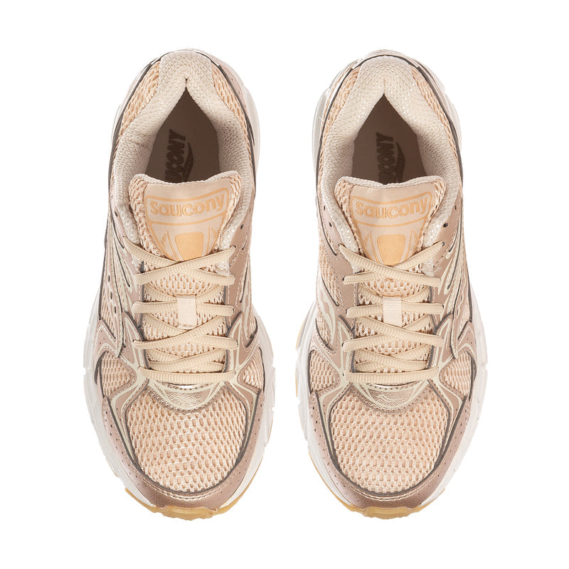 Women’s pearl beige sneakers, top view with lace-up closure and mesh-like toe panel