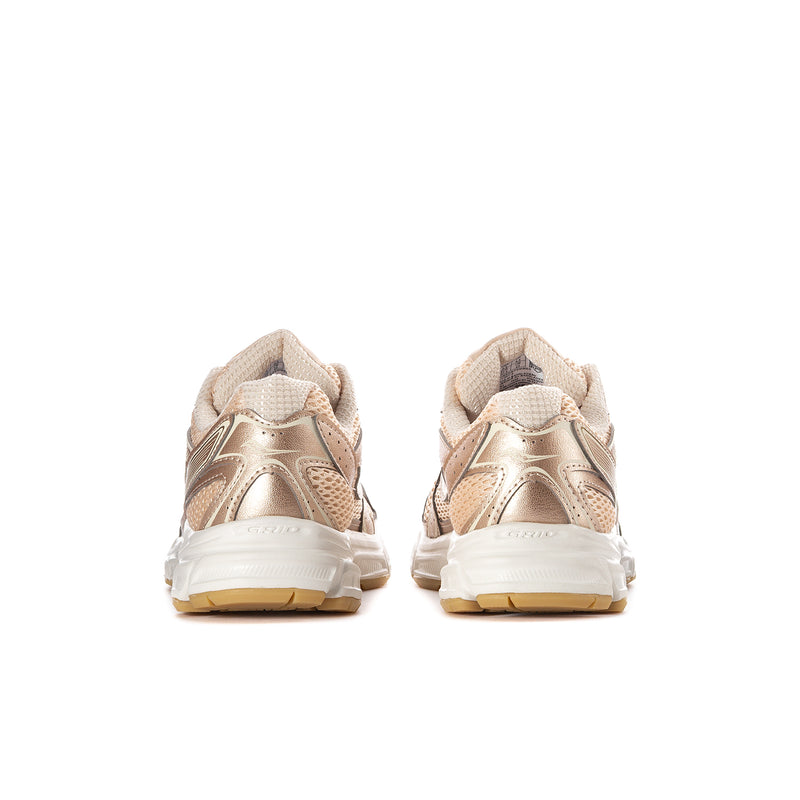 Women’s pearl beige sneakers, heel-to-toe side view with padded collar and white midsole