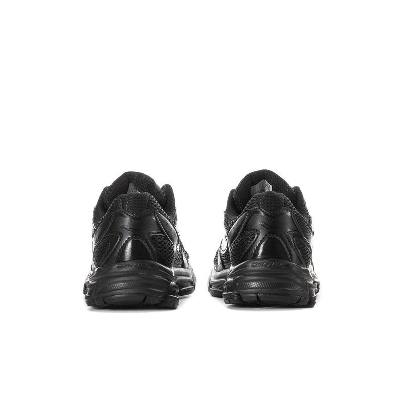 Black women's running shoes, heel view pair with cushioned collar and grip sole