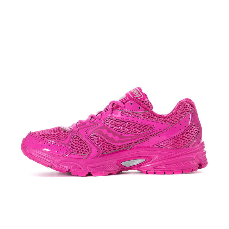 Women’s fuchsia running sneakers side view with S logo and mesh upper