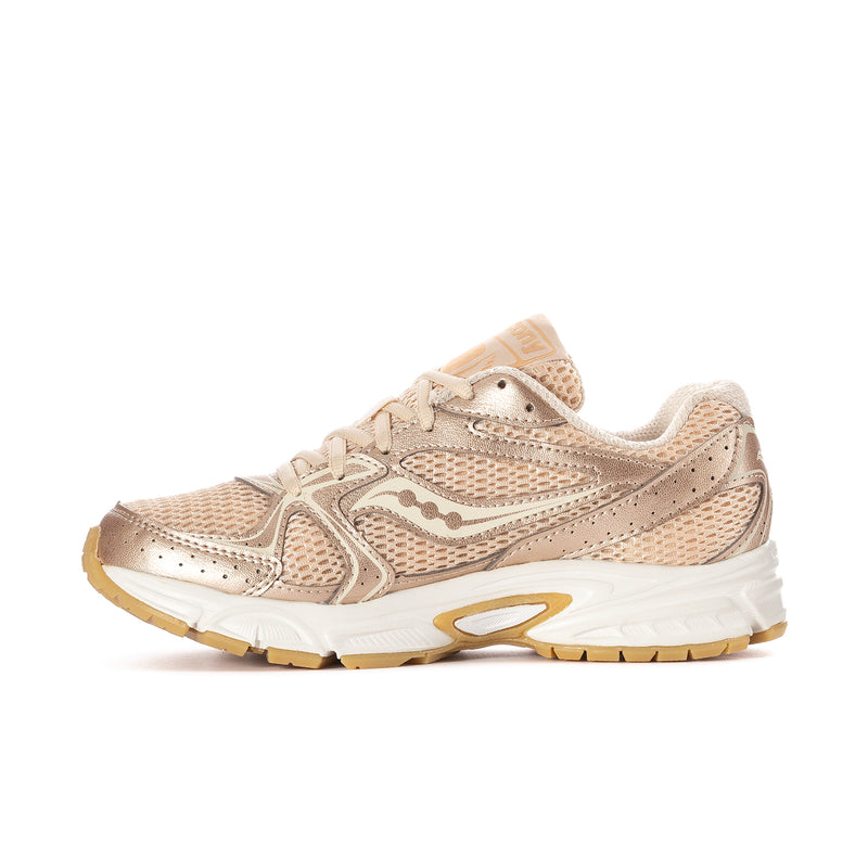 Women’s pearl beige running sneaker, angled side view with lace-up and S-curved stripe